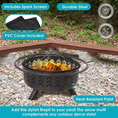 36-Inch Black Steel Arrow Motif Fire Pit with Spark Screen