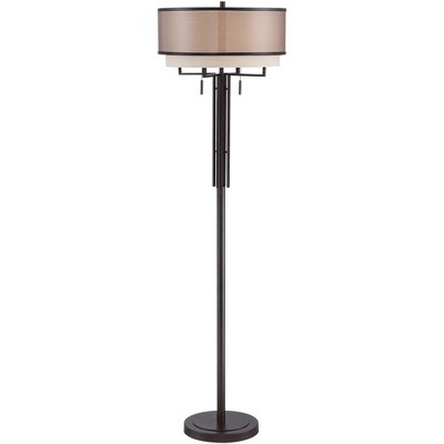 Franklin Iron Works Modern Floor Lamp Industrial Bronze Sheer Brown Organza and Linen Double Drum Shade for Living Room Reading