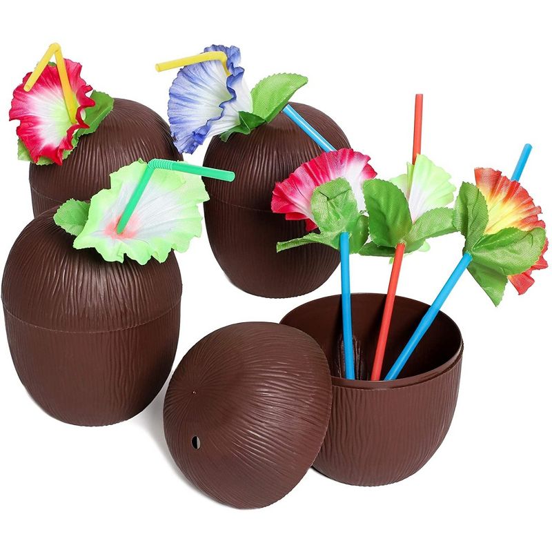 12-Pack Juvale Coconut Cups with Straws & Hawaiian Hibiscus Flower Decorate, 16oz Food Grade PVC Cup, Ideal for Tropical Luau Party Supplies, 5 of 9