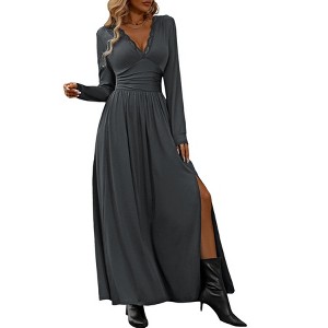 Women Long Sleeve Wrap Dress Casual V Neck Side Slit Pleated Long Sleeve Wedding Guest Cocktail Maxi Dresses - 1 of 4