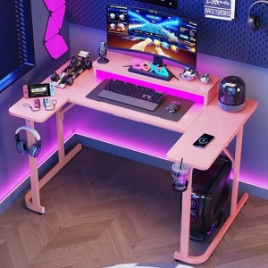 Bestier U-shaped Gaming Desk with Monitor Stand, LED Lights, Headphone Hooks, Cup Holder, Carbon Fiber Black - 1 of 4
