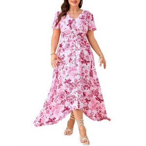 Coolmee Women's Plus Size Summer Floral Dresses Wrap V Neck Casual  Short Sleeve A-Line Midi Sundress - 1 of 4