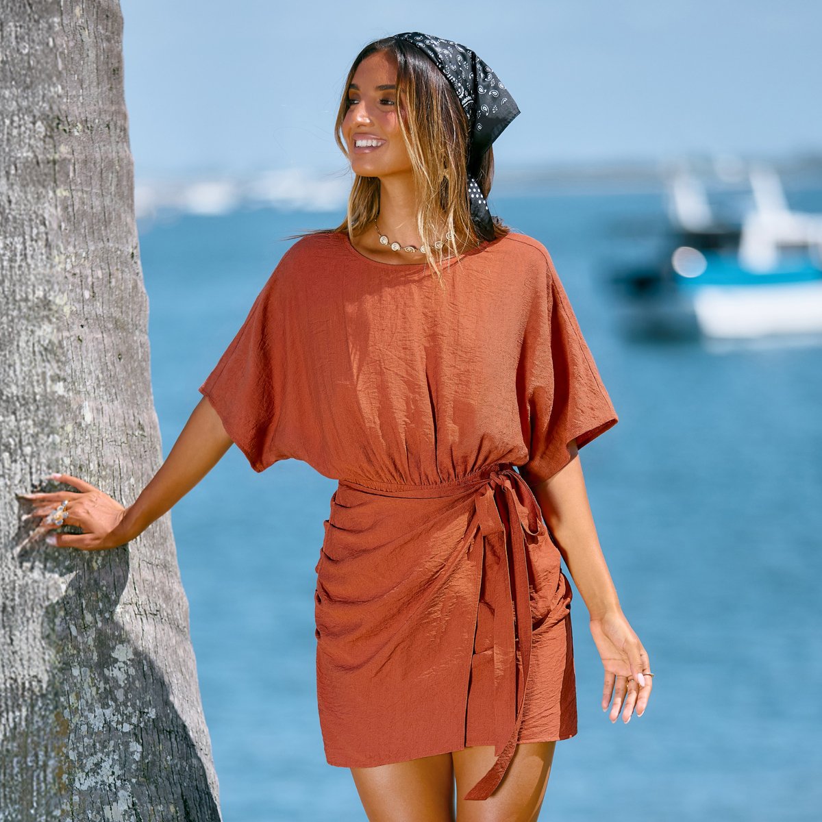 Женские платья Cupshe Women's Batwing Sleeve Waist Tie Beach Dress-L-Orange — фото 2