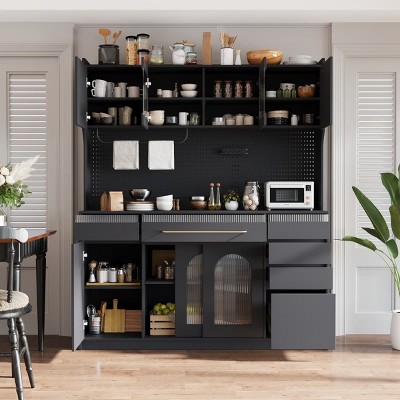63''W Buffet Hutch Cabinet with 6 Drawers, 5 Cabinets, Adjustable Shelves, Towel Rack, Power Outlet for Kitchen or Dining Room-The Pop Home