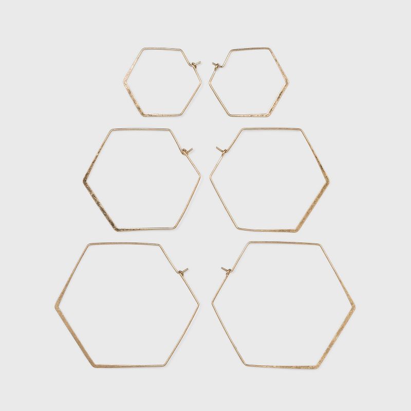 Hexagon in Worn Gold Hoop Earring Set 3pc - Universal Thread&#8482; Gold, 1 of 2