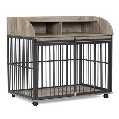 YOOCOZZ 44" Heavy Duty Dog Crate with Lockable Wheels and Double Layer Storage
