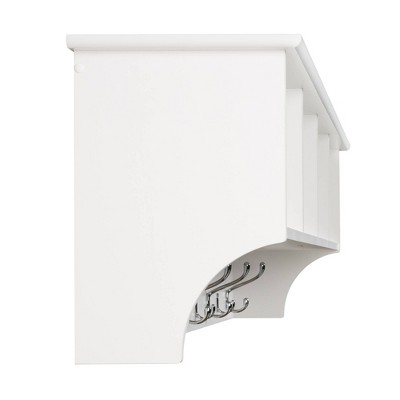 Expansive White Laminated Entryway Hanging Shelf with Hooks