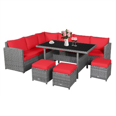 Tangkula Outdoor Wicker Coversation Set, 7 Piece, with Red/Turquoise/White/Black/Navy/Gray Cushions
