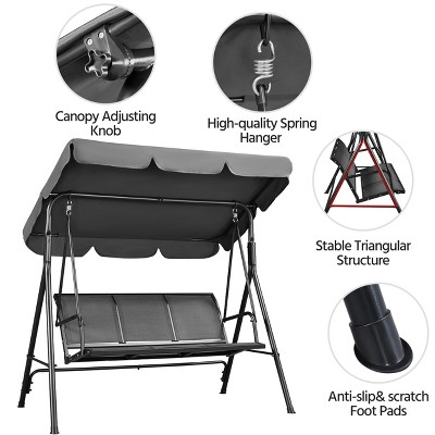Gray Metal 3-Seat Outdoor Patio Swing Chair with Adjustable Canopy