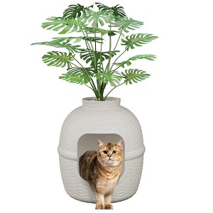 Hidden Litter Box with Faux Plant, Large Cat Litter Box with Rattan Pattern, Heavy Duty PP Material Litter Box - 1 of 4