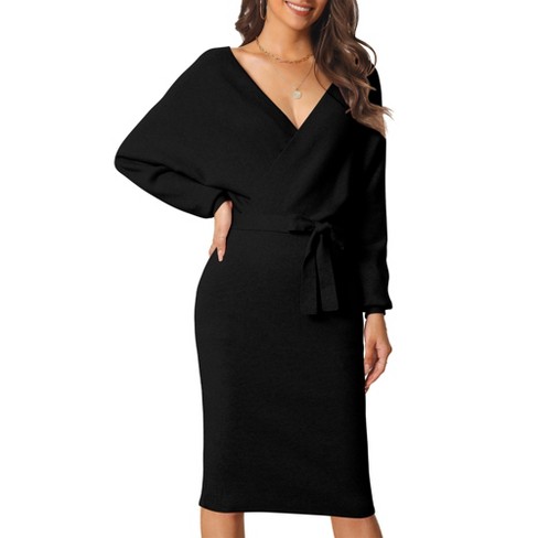 Seta T Women s Deep V Neck Wrap Batwing Sleeve Belted Bodycon Midi Sweater Dress Black Small