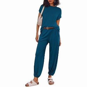 Ekouaer Two Piece Outfits Lounge Sets for Women Sweater Sets Knit Short Sleeve Tops Jogger Pants Matching Tracksuit - 1 of 4