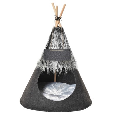 PawHut Pet Teepee Tent Cat Bed Dog House with Thick Cushion Chalkboard for Kitten and Puppy up to 6kg/13lbs 28inch/70cm Grey