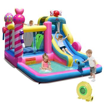 Costway Inflatable Bounce House Sweet Candy Bouncy Castle Splash Pool with 480W Blower