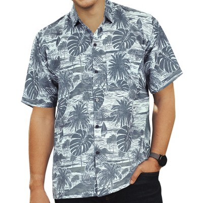 HAPPY BAY Men's Hawaiian Shirts Short Sleeve Button Down Shirt Mens Holiday Shirts Linen Effect Beach Aloha Shirts for Men M Monstera Leaves Navy Blue