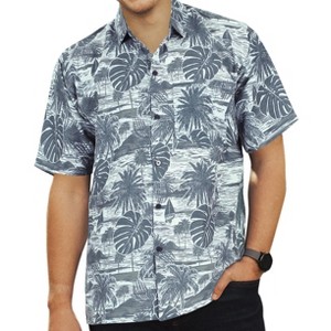 HAPPY BAY Men's Hawaiian Shirts Short Sleeve Button Down Shirt Mens Holiday Shirts Linen Effect Beach Aloha Shirts for Men M Monstera Leaves Navy Blue - 1 of 4