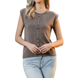 INSPIRE CHIC Women's Summer Crew Neck Sleeveless Lightweight Casual Knit Button Sweater Vest - 1 of 4