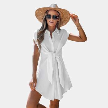 Women's Button-front Cover Up Shirt - Cupshe-l-white : Target