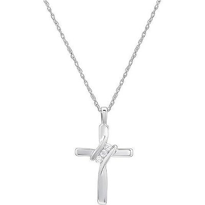 GILDED Small 14KT Yellow Gold Plated & Sterling Silver Natural Round-Cut Diamond Accent 3 Stone Cross Pendant with an 18 Inch Chain
