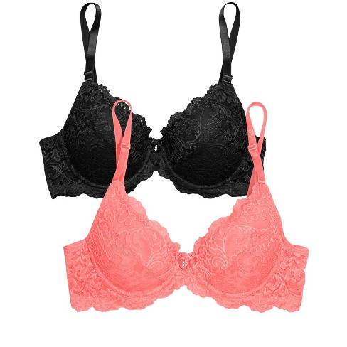 Smart & Sexy Women's Signature Lace Push-up Bra 2-pack Punchy Peach/black  Hue 34dd : Target
