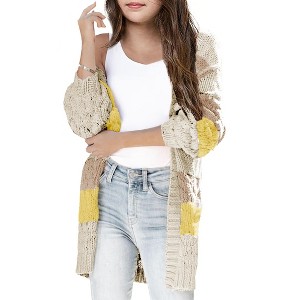 Girls Sweater Cardigan Open Front Longline Sweater Cable Knit Sweater Long Sleeve Color Block Sweater,Lenmon - 2XL - 1 of 3
