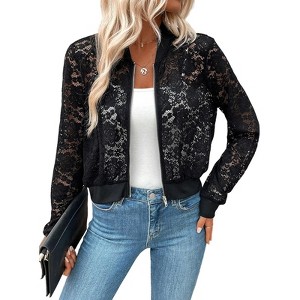 Women's Lace Knit Jacket Crochet Lace Zip Up Sheer Casual Elegance Oversized Lightweight Cardigan - 1 of 4