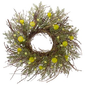 Northlight Burrs and Craspedia Artificial Twig Wreath - 20" - Yellow - 1 of 4