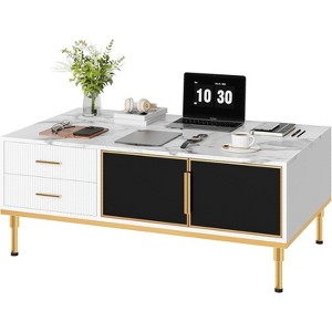 Modern Faux Marble Coffee Table with 4 Drawers, Glass-Front Sliding Cabinet, Hidden Compartment & Shelf, Fluted Base for Living Room/Reception - 1 of 4