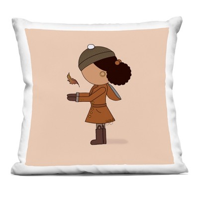 Stupell Industries Autumnal Girl with Leaf Indoor Decorative Throw Pillow, 18 x 18