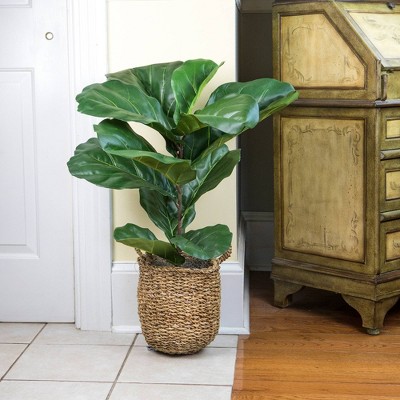 36" Green Faux Fiddle Leaf Fig Plant in Woven Basket