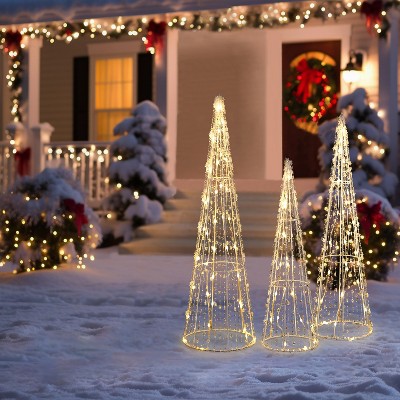Gold Lighted Metal Cone Trees Set for Indoor and Outdoor Holiday Decoration