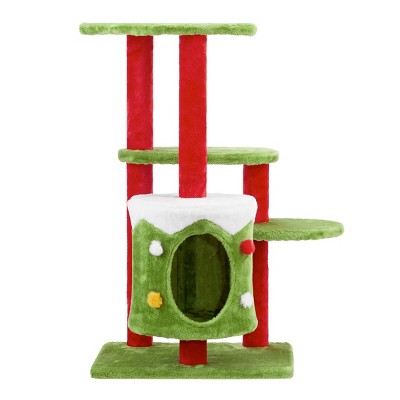 Boersma Multi-Level Cat Climbing Tree with Cozy Condo & Platforms – Indoor Cat Tower Scratching Playhouse, Holiday Green & Red Design
