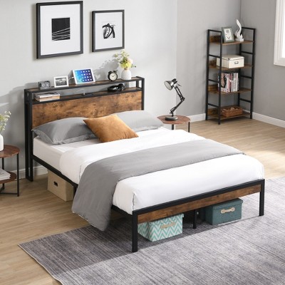 ALEXOUN Bed Frame Industrial Metal Platform Bed,with2-Tier Storage Headboard and Footboard & Under Bed Storage,No Box Spring Needed,Brown
