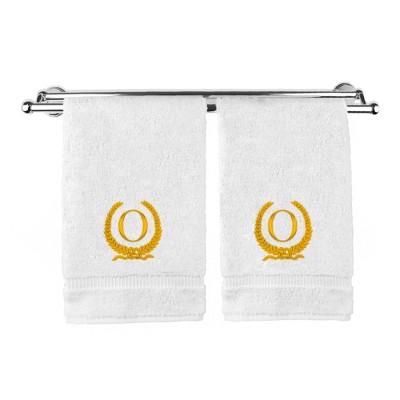 BC BARE COTTON Monogrammed Hand Towel, 100% Turkish Cotton - Set of 2 - White - Gold Wreath