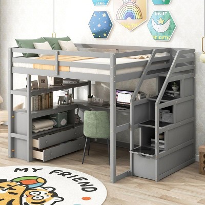 Streamdale Full Size Loft Bed with Desk and Shelves, Two Built-in Drawers, Storage Staircase, Gray