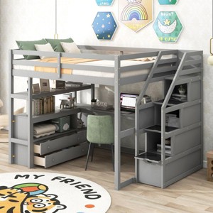 Streamdale Full Size Loft Bed with Desk and Shelves, Two Built-in Drawers, Storage Staircase, Gray - 1 of 4
