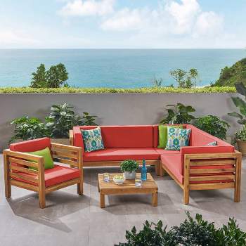 Oana 5pc Acacia Wood Sectional Sofa & Club Chair Seating Set Teak/Red - Christopher Knight Home