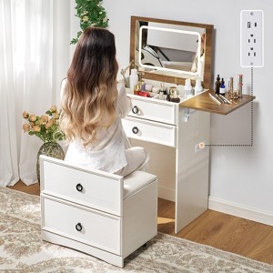 AMERLIFE 3-in-1 Makeup Vanity with Sliding Stool, Fold-up Panel and with Adjustable LED Light - 1 of 4