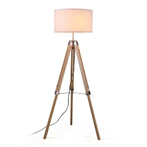 58" Industrial Tripod Floor Lamp with Height Adjustable Natural Wood Stand and Linen Drum Shade,Modern Standing Lamp for Living Room,Bedroom,Study - 1 of 4