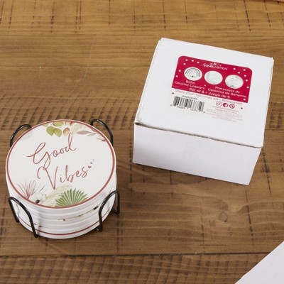 Boho Ceramic Round Coaster Set with Metal Holder, 4 Inches
