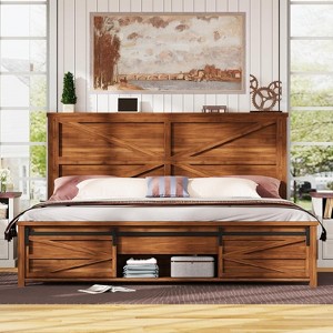AMERLIFE Farmhouse Size Bed Frame with Sliding Barn Door Storage - 1 of 4