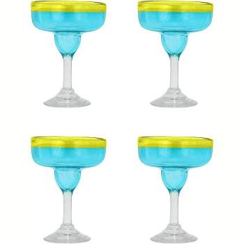 Amici Home Acapulco Authentic Mexican Handmade Margarita Glasses, Barware for Cocktails, Round Blue Glass, Yellow Rimmed, 15-Ounces, Set of 4,