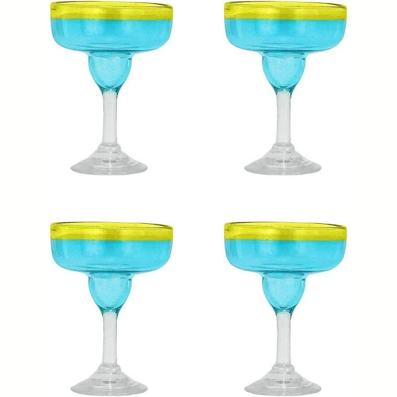 Amici Home Acapulco Authentic Mexican Handmade Margarita Glasses, Barware for Cocktails, Round Blue Glass, Yellow Rimmed, 15-Ounces, Set of 4,, 1 of 8
