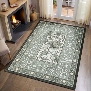 Modern Farmhouse Floral Washable Area Rug for Living Room Machine Washable Non Slip Ultra Thin Low Pile Floor Cover for Bedroom Kitchen Kid's Room - 1 of 4