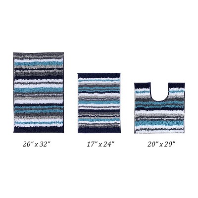 Griffie Blue and Gray Polyester Striped Bath Rug Set