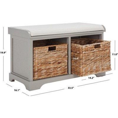 Transitional Vintage Grey Wicker Storage Bench with Linen Cushion