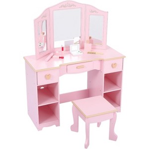 Girls Vanity Table and Chair Set, Kids Vanity Makeup Desk for Little Girl, Wooden Toddlers Princess Dressing Table with 3 Drawers, Pink - 1 of 4
