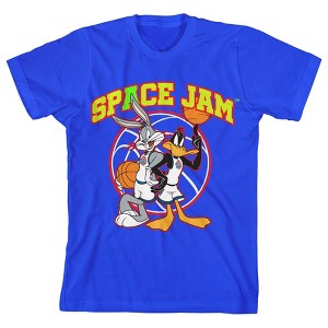 Bioworld Space Jam 1996 Collegiate Text With Bugs Bunny and Daffy Duck Youth Royal Blue Graphic Tee - 1 of 3