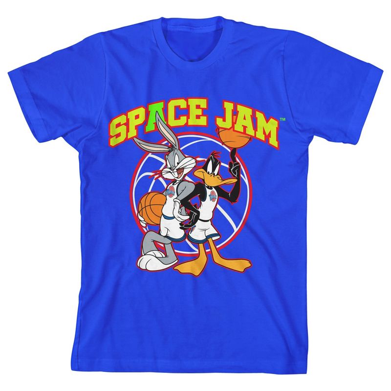 Bioworld Space Jam 1996 Collegiate Text With Bugs Bunny and Daffy Duck Youth Royal Blue Graphic Tee, 1 of 4