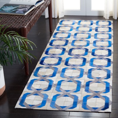 Ivory Geometric Hand-Stitched Cowhide Area Rug - Reversible & Washable